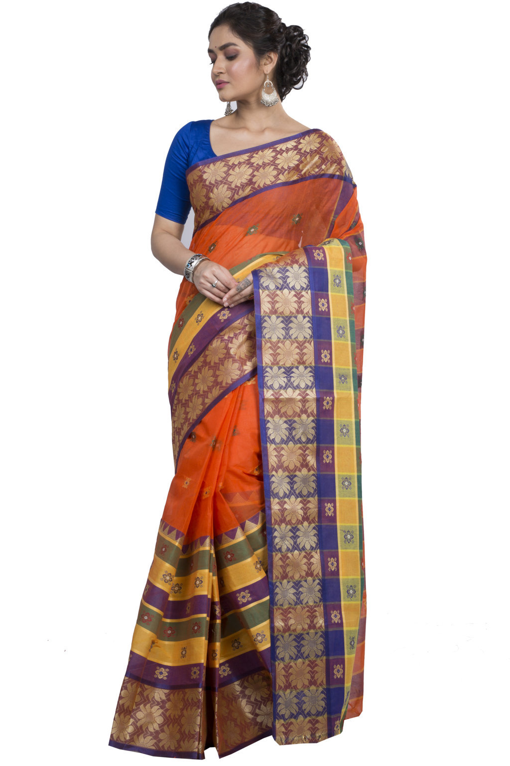 Dark Orange Pure Cotton FulPar Tant Saree (865)